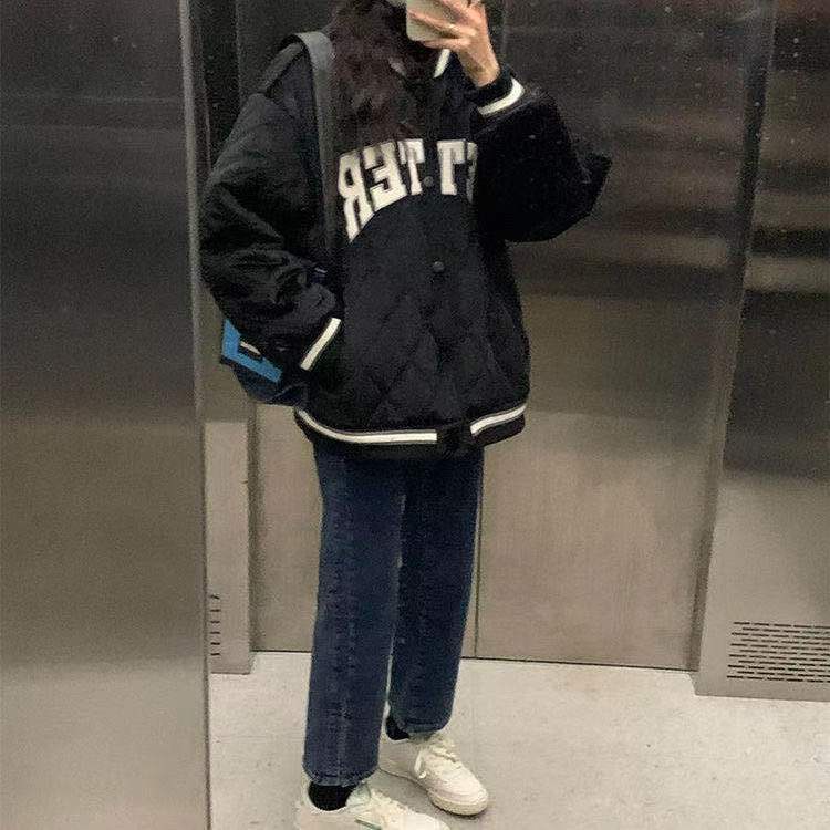 Áo Khoác Bóng Chày Dáng Rộng Vải Cotton In Chữ Thời Trang Hàn Quốc Cá Tính Cho Nữ