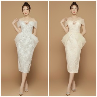 Đầm body rớt vai phối voan kèm hoa cao cấp TẶNG KÈM HOA TAI THỜI TRANG