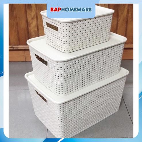 Combo 3 Rổ đan mây nhựa đựng đồ đa năng Việt Nhật, Giỏ đan đựng quần áo gọn gàng