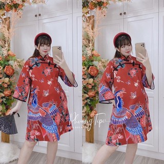 Đầm Suông Cổ Tàu Hoạ Tiết Long Phụng Sum Vầy