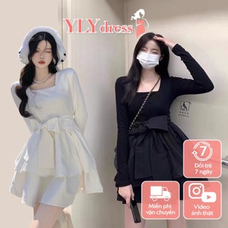 Váy đầm nữ dài tay cổ vuông xòe bồng 2 tầng freesize tiểu thư dáng A ngắn dễ thương hàn quốc đen trắng Ylydress C1247