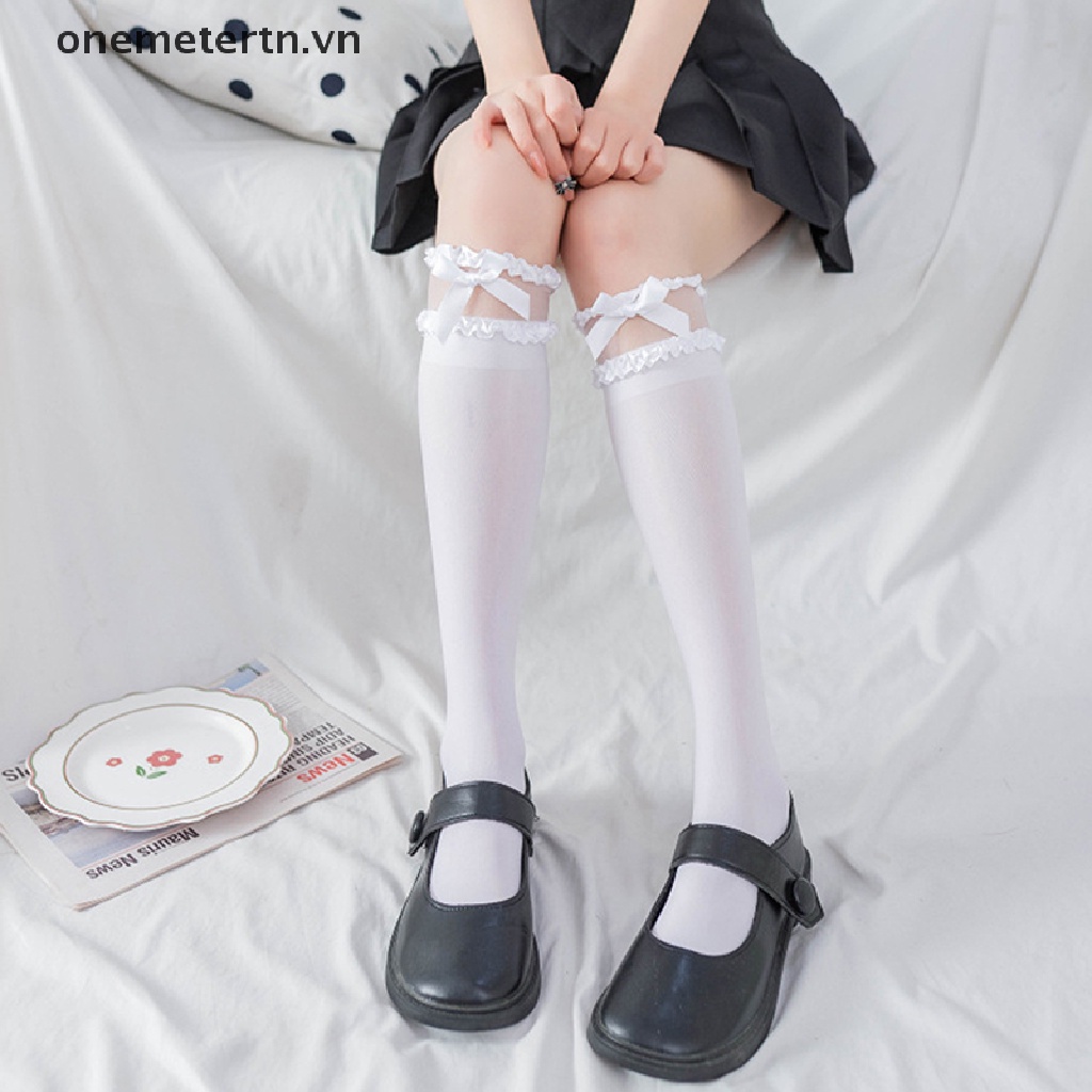Vớ Cotton Dài Qua Gối Đính Nơ Phong Cách Lolita Hàn Quốc
