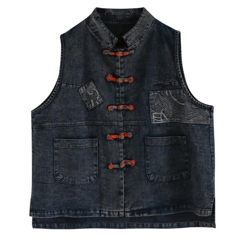 Áo Khoác Denim Sát Nách Phối 2 Nút Phong Cách Dân Tộc Cho Nữ