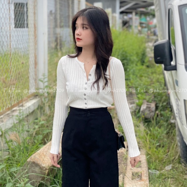 Áo len tay dài cài cúc giữa , áo dài tay ôm dáng chất len dày dặn PLA118