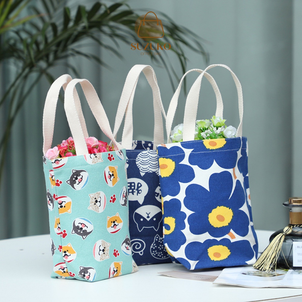Túi đựng ly giữ nhiệt, đựng bình nước SUZUKO BAGS túi vải dù Canvas dày dặn họa tiết độc đáo rõ nét cầm tay đi chơi TZ05
