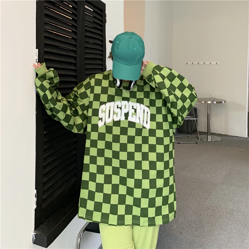 Áo Sweater Dáng Rộng Họa Tiết Sọc Caro Màu Xanh Lá Phong Cách Hippie Y2k Thời Trang Xuân Thu Cho Nữ