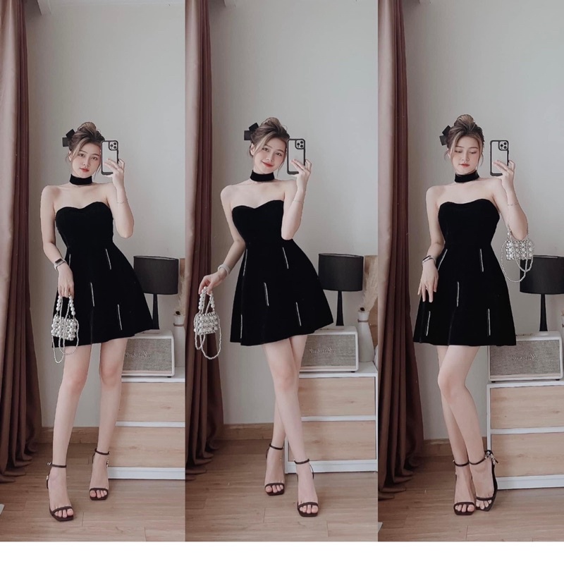 Bộ đầm ống cup ngực nhung kèm vòng cổ shop nina le