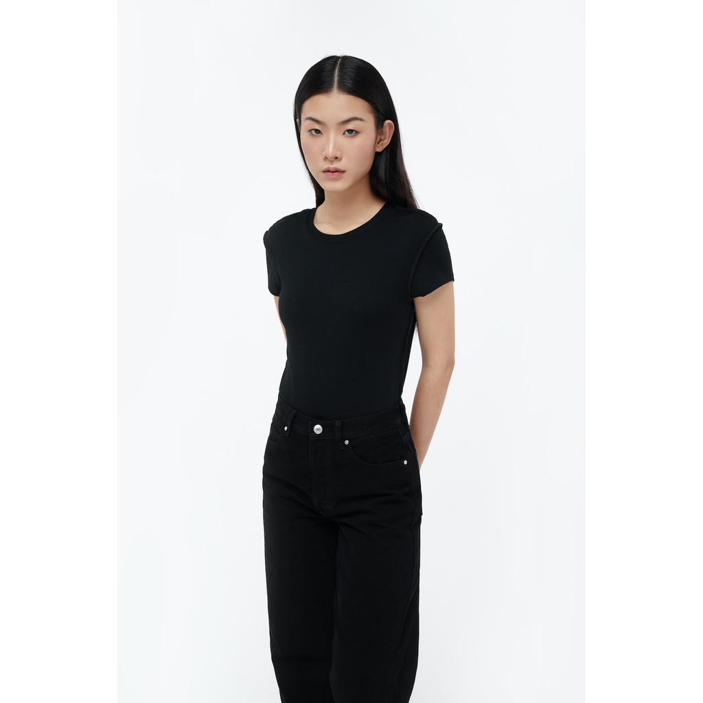 TheBlueTshirt - Áo Thun Nữ Phom Ngắn Vắt Sổ Ngoài Vai Màu Đen - The Lines Rib Top - Black