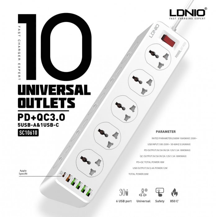 Ổ Cắm Điện Thông Minh LDNIO SC10610 - 10 Ổ Cắm và 6 Cổng Sạc USB - PD 3.0 20W, QC 3.0 18W Có Chân Cắm EU