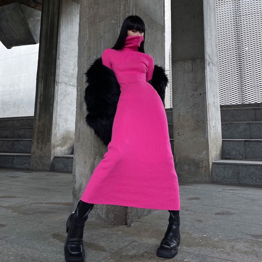 Bán Chạy! Giảm Giá Nóng!F &amp; X Đầm Dệt Kim Dáng Dài Qua Gối Cổ Cao Xẻ Tà Màu Hồng Thiết Kế Niche Kiểu Mới Dễ Phối Đồ Uni