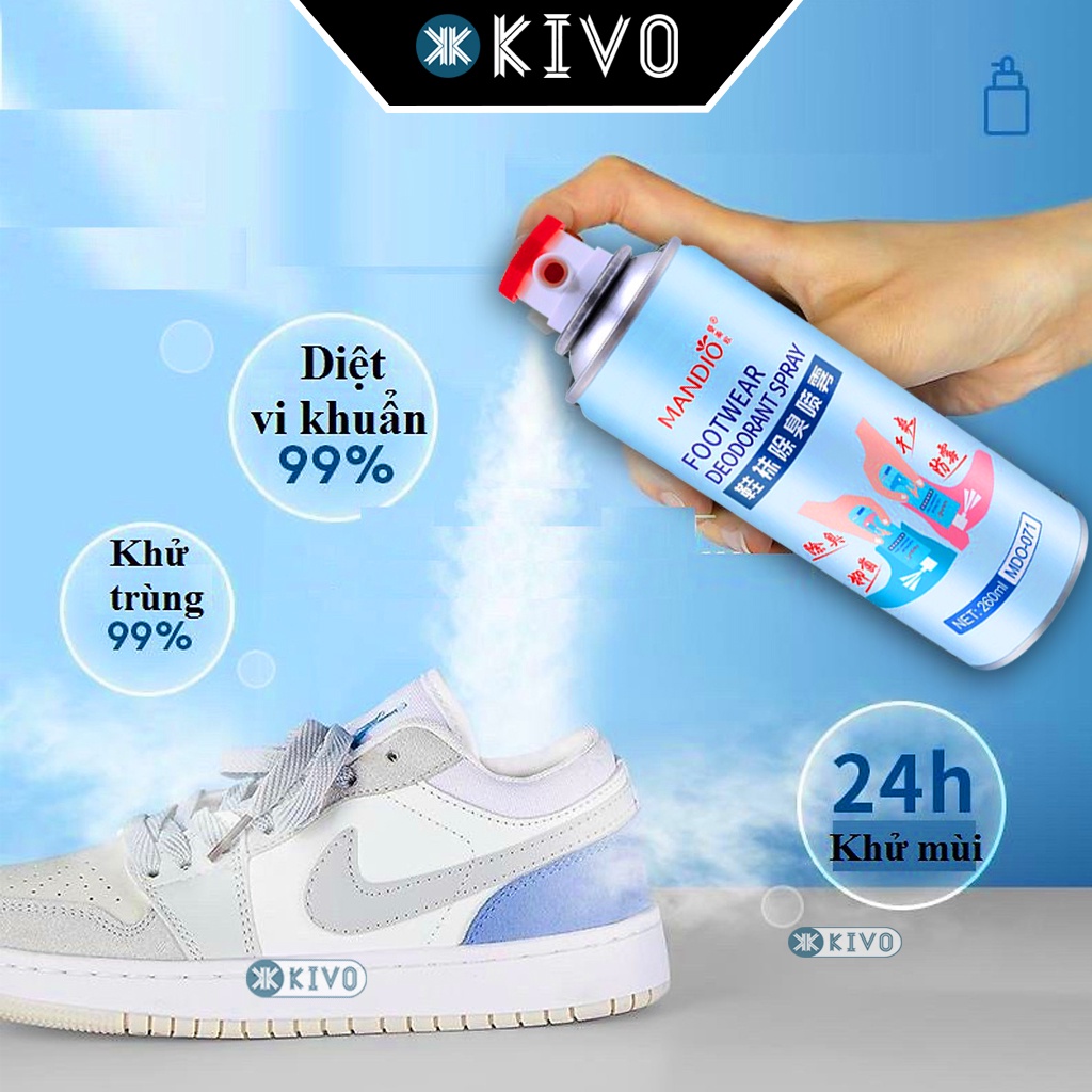 Xịt Khử Mùi Giày Và Tất MANDIO 260ml Nano Bạc - Xịt Khử Mùi Hôi Chân/ Xịt Thơm Giày - Vệ Sinh Giày KIVO