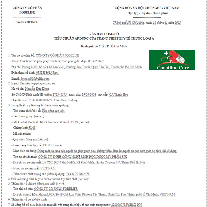 Fobelife Dầu Nóng Sao Việt – Giảm Đau Mỏi Vai Gáy  - Coastlinecare Pharmacy