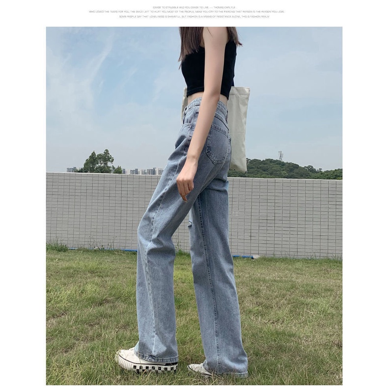 Quần jean nữ ống rộng lưng cao quần bò nữ xước gối dáng suông  màu xanh ullzang phong cách Hàn Quốc thời trang nữ
