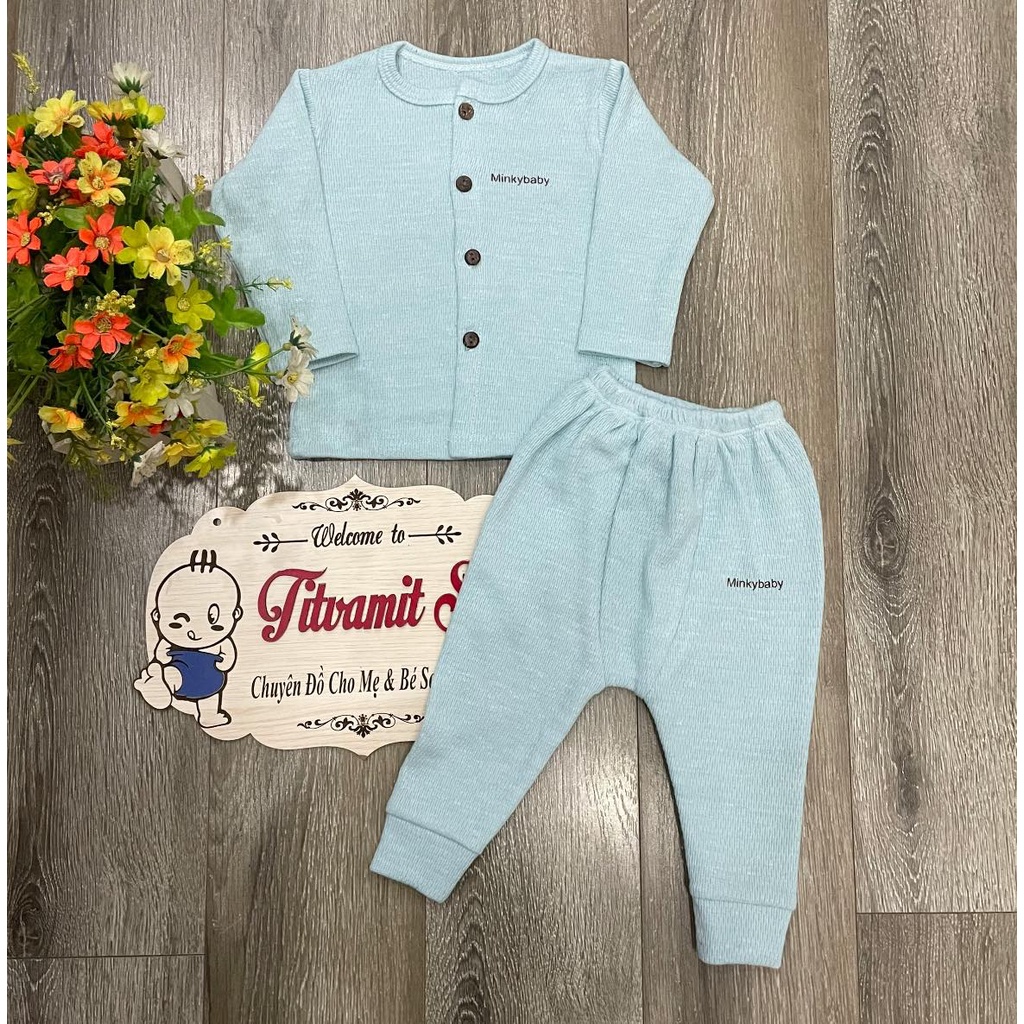 Bộ dài minky mom cúc giữa vải len gạo cho bé trai bé gái