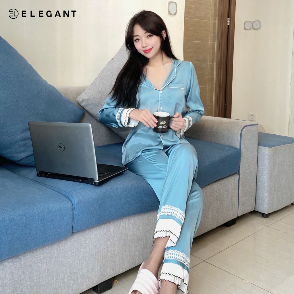 Bộ Ngủ Dài tay, Bộ Ngủ Lụa Cao Cấp ELEGANT - Bộ Đồ Ngủ Nữ Mặc Nhà Dài Tay Kiểu Dáng Ngọt Ngào EL2201