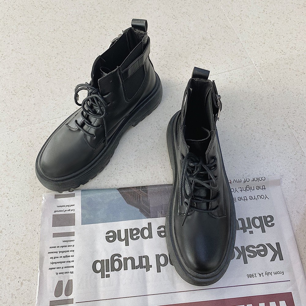 Giày Bốt Nữ Cổ Cao Đế Độn Da Bóng Màu Đen Thời Trang Phong Cách Mới Nhất Giày BOM GB Boot B1313