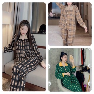 Bộ Pizama mặc nhà cổ sen lụa cao cấp bộ đồ💖Bộ Ngủ lụa tay dài quần dài hoạ tiết sang trọng mát