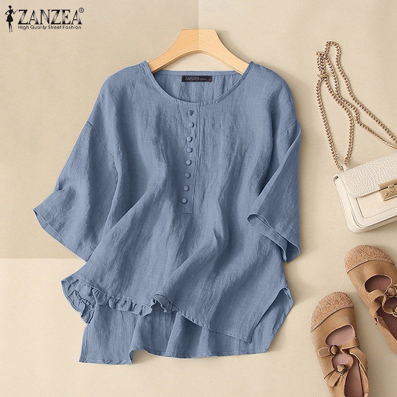 Áo nữ ZANZEA tay lửng cổ tròn phối nút phong cách đường phố Hàn Quốc