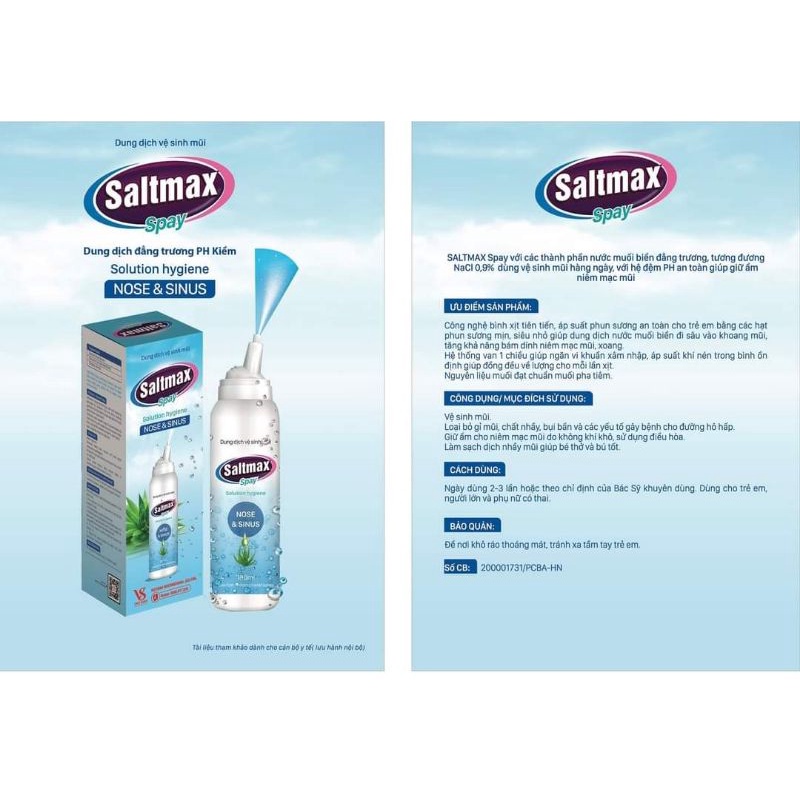 Xịt mũi Saltmax 0,9% & 2,3% vệ sinh mũi hàng ngày, an toàn voi phụ nữ có thai