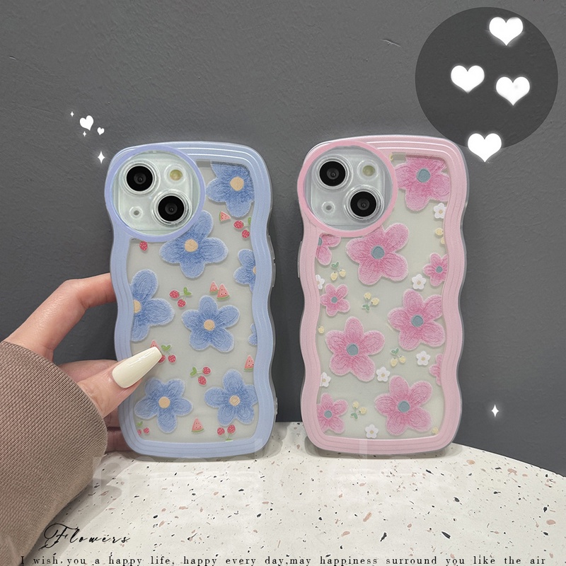Samsung Galaxy A54 A34 A24 A14 A04 A12 A23 A73 A53 A52 A52S A33 A32 A72 A22 A13 4G 5G A03S A02S A11 A02 A03 A51 A50 A50S A30S A20 A30 A20S A10S A21S M12 M22 M32 M11 M02 Cute Strawberry Blue Pink Flower Waves Edge Shockproof TPU Soft Clear Phone Case BW 33