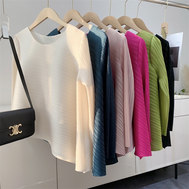 (HÀNG SẴN - ẢNH THẬT) Áo thun lò xo tay dài cổ tròn, Áo nhúng vạt xéo cách điệu, freesize co giãn nhiều