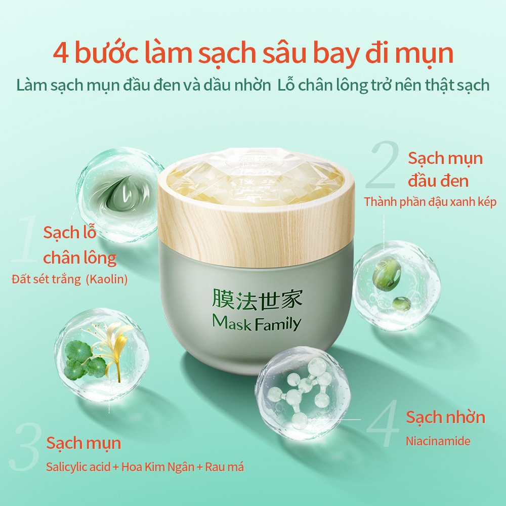MASK FAMILY Mặt nạ đất sét dạng bùn đậu xanh làm trắng da sạch lỗ chân lông loại bỏ mụn đầu đen chăm sóc da mặt 130g