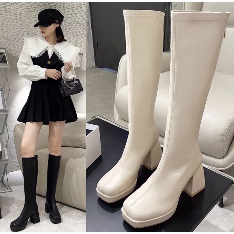 Bốt đùi nữ chất da lì đế cao khoá sau, Bốt cổ cao nữ mũi tròn ton dáng thời trang thu đông