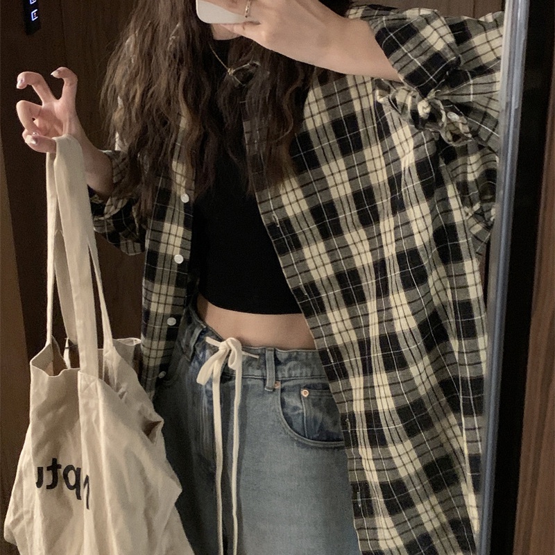 Áo sơ mi SUXI tay dài họa tiết ca rô thời trang dành cho nữ