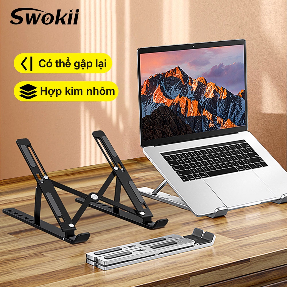Swokii N3 Giá đỡ laptop, Hợp kim nhôm giá đỡ laptop, Giá đỡ máy tính xách tay di động với 6 mức điều chỉnh độ cao, hoàn toàn có thể thu gọn, Tương thích với máy tính xách tay và máy tính bảng từ 9-15,6 inch