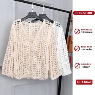 Áo lưới đi biển LEP STORE đan sợi dày mặc ngoài bikini cổ v rộng tay dài