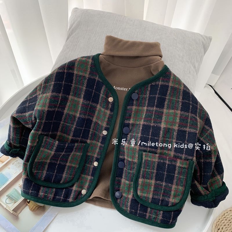 Áo Khoác Cardigan Lót Lông Cừu Giữ Ấm Họa Tiết Kẻ Sọc Thời Trang Thu Đông Phong Cách Hàn Quốc Cho Bé Trai / Gái