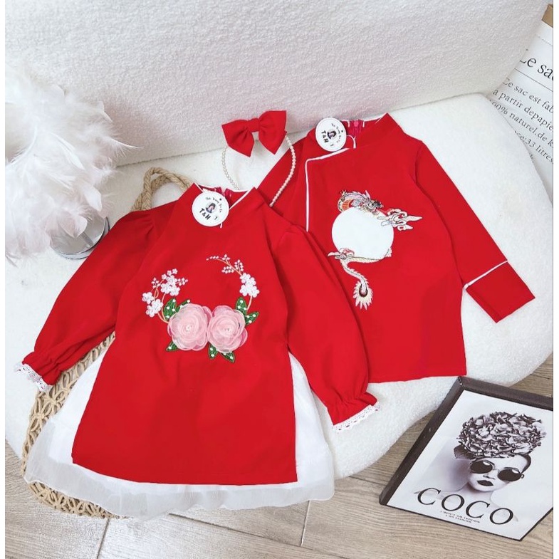 Áo dài cặp cách tân nhung đỏ bé trai bé gái chất đẹp