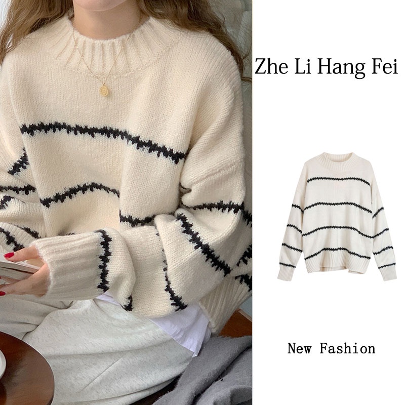 ZHELIHANGFEI Áo Sweater Tay Dài Cổ Tròn Dáng Rộng Kẻ Sọc Kiểu Retro Hàn Quốc