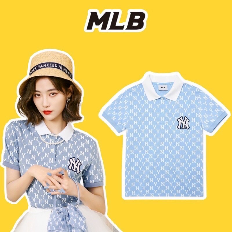 Áo Polo MLB Monogram Trắng Logo Xanh Navy Siêu Xịn