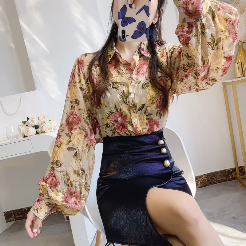 Áo Sơ Mi Chiffon Tay Dài Dáng Rộng In Họa Tiết Hoa Thời Trang Mùa Hè Xinh Xắn Cho Nữ
