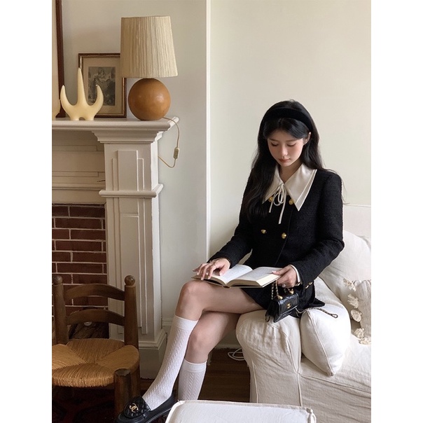 Set áo dạ đen nhũ cổ vuông + chân váy xếp ly khuy vàng siêu xinh⚡  Váy dạ đen hàng 2 lớp dày siêu hot