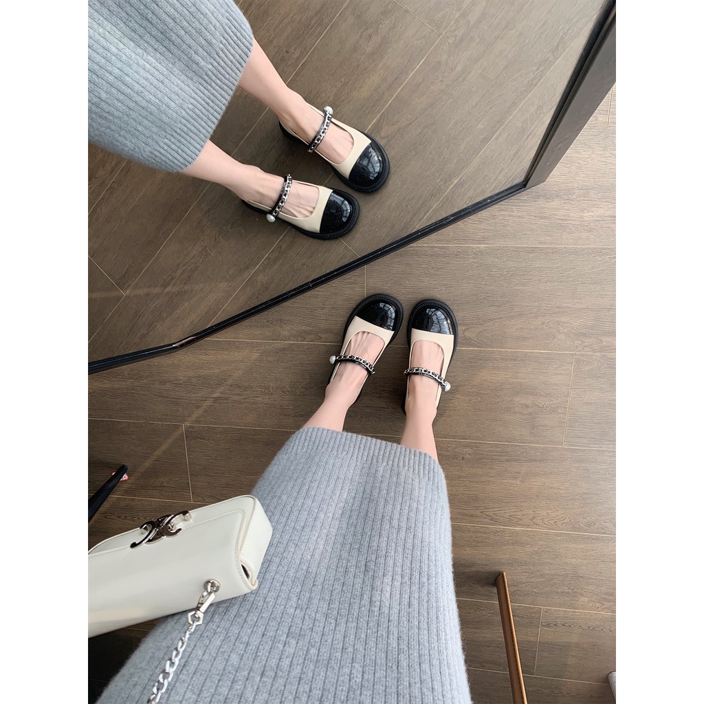 Giày Búp Bê Một Dây Đính Ngọc Trai Màu Sắc Retro Dành Cho Nữ