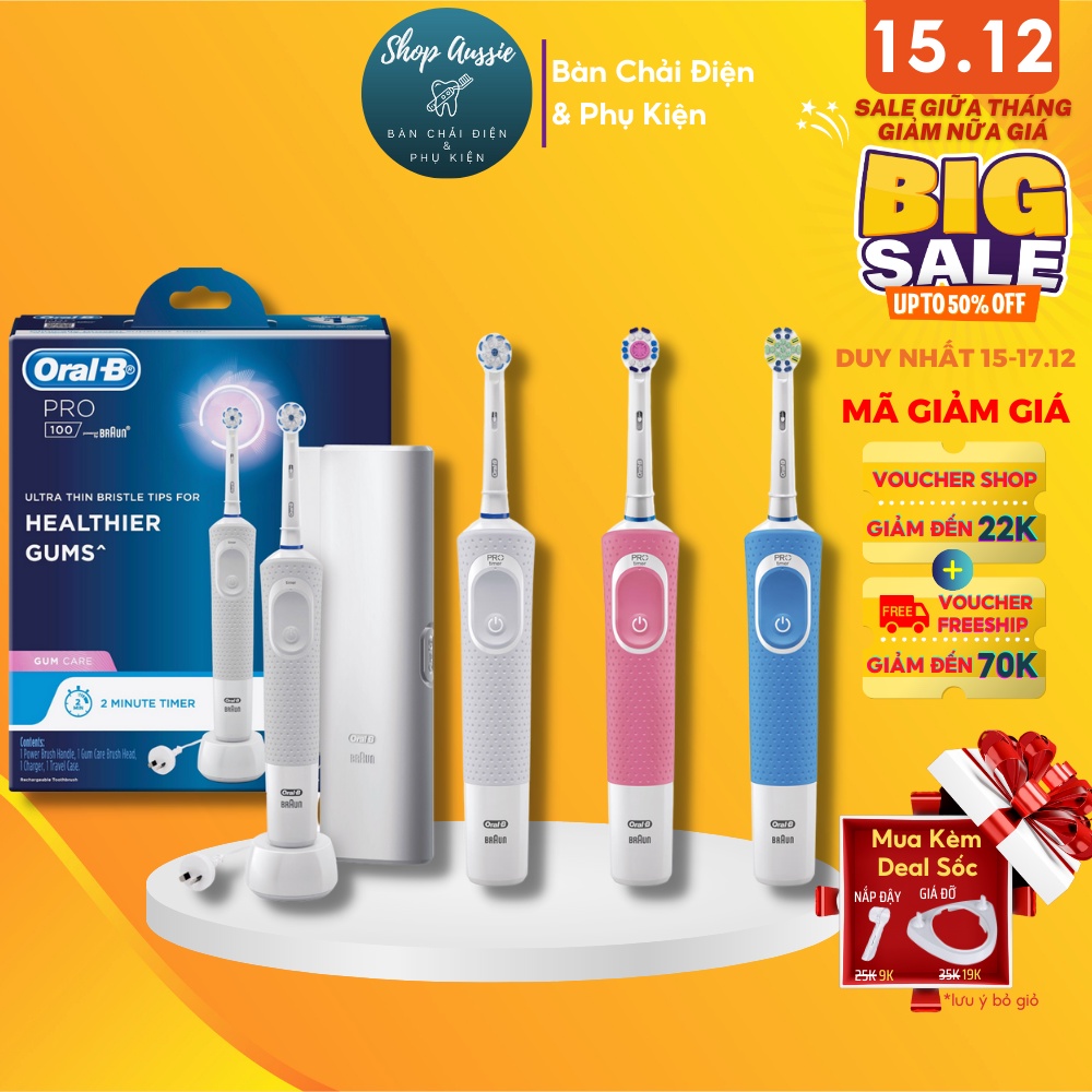 Bàn Chải Đánh Răng Điện Oral-B Pro 100 - Hẹn Giờ 2-Phút, Tặng Hộp Đựng Du Lịch, Nhiều Loại Đầu, Nhiều Màu Sắc