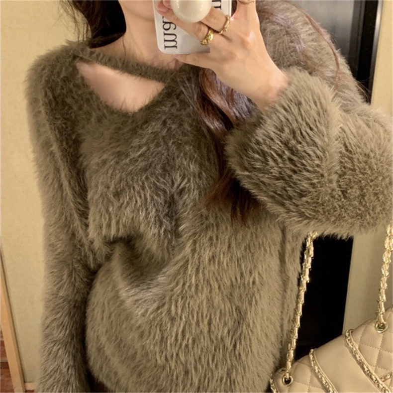 DIDIKA Áo Sweater Lông Cừu Giả Mềm Mại Dáng Rộng Cổ Chữ V Thời Trang Thu Đông Cho Nữ