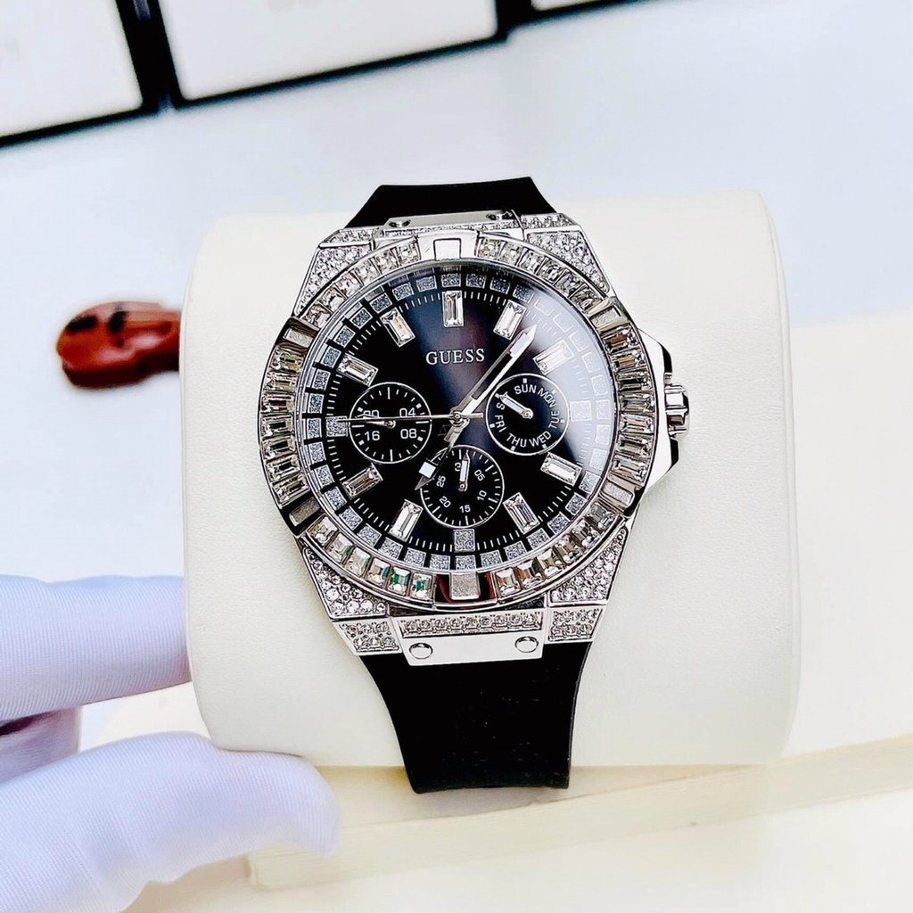 Đồng Hồ Nam Guess GW0208G1 Đính Đá - Vỏ Bạc - Dây Silicon - Size 47mm