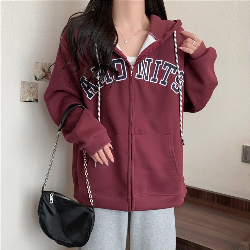 Áo Khoác Khóa Kéo Có Nón In Chữ Phong Cách Vintage Hàn Quốc