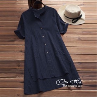 Áo sơ mi váy form rộng bigsize giấu quần che khuyết điểm chất liệu đũi mềm nhẹ mát Thu Hà SMH.35