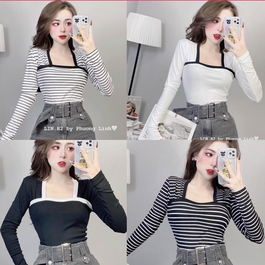 Áo thun nữ tay dài cổ vuông dệt kim mỏng- Áo kiểu nữ, co giãn tốt