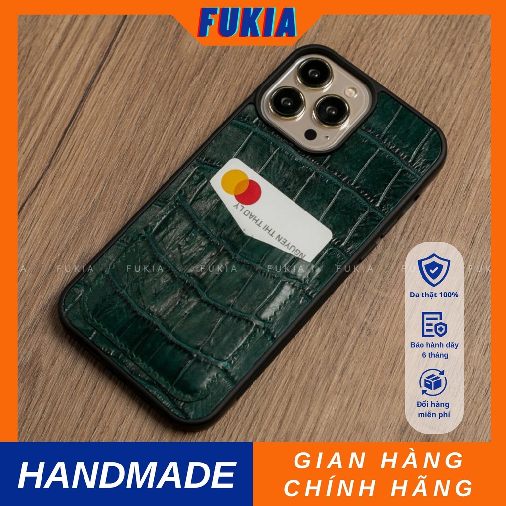 Ốp da thủ công viền đen khe thẻ Cá Sấu Xanh Rêu cho IPhone 14/14Plus/14Pro/14Promax/13/13Pro/13Promax/12Promax ODTC149