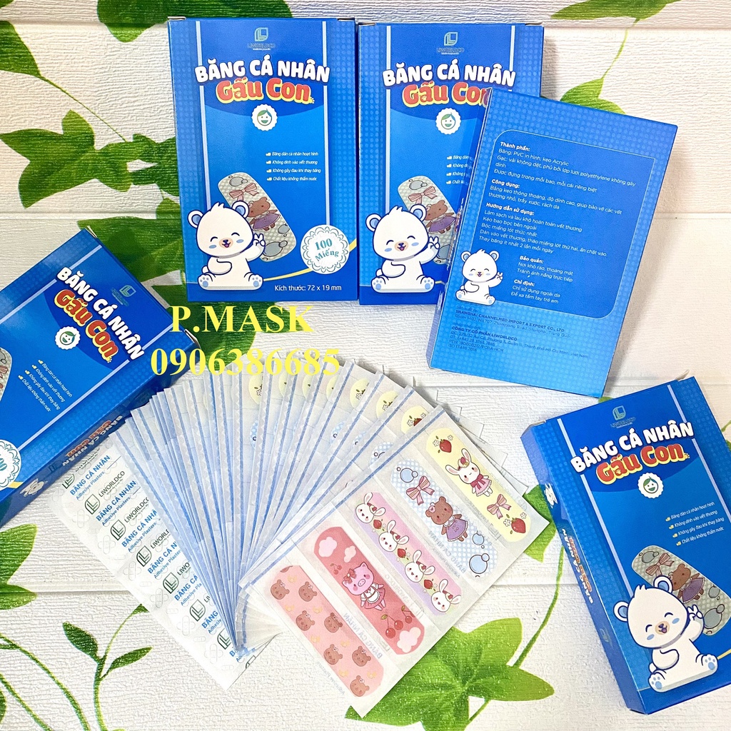 BĂNG CÁ NHÂN IN HÌNH GẤU CON LIWORLDCO cho bé 100 MIẾNG / HỘP 7.2 x 1.9 cm