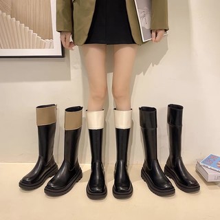Boot đùi mũi tròn, cổ da phối màu