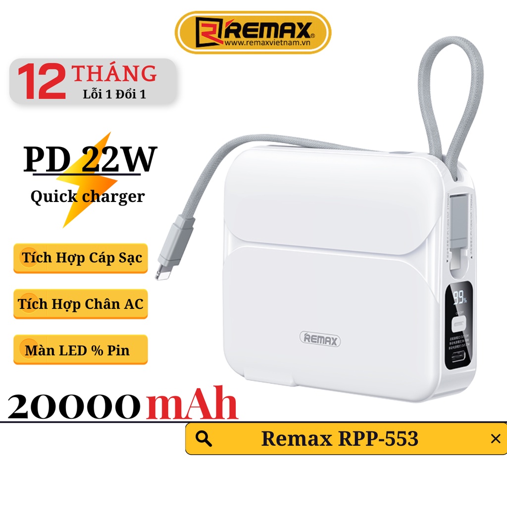 Củ Sạc Kiêm Sạc Dự Phòng Đa Năng Kèm Cáp 3in1 20000mAh Remax RPP-553 -Sạc Nhanh 27W Cho 14Pro Max - Remax Việt Nam