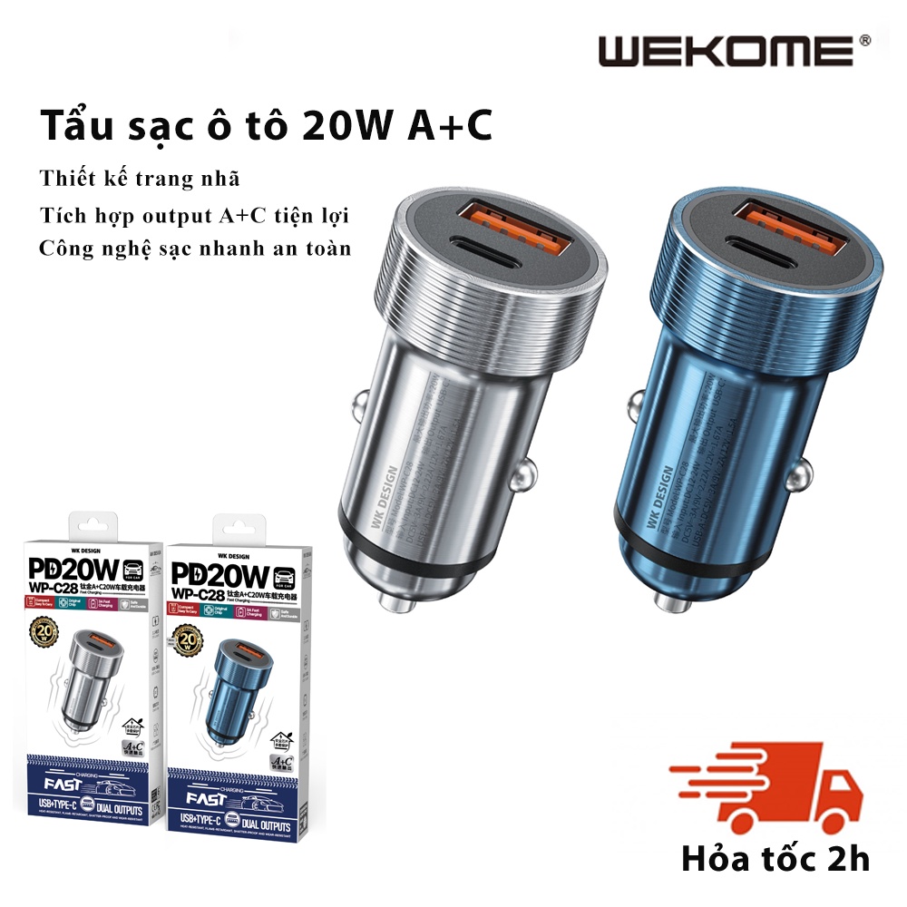 Tẩu sạc nhanh 20W C28 WEKOME đa năng cho oto - 2 cổng sạc TYPE C USB cho nhiều dòng điện thoại