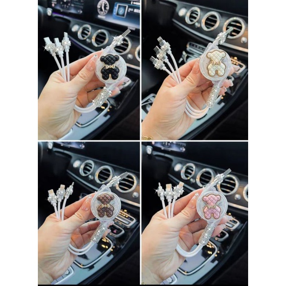 Cáp Sạc Nhanh Chia 3 Đầu Sạc Hình Gấu Đính Đá Sang Trọng
