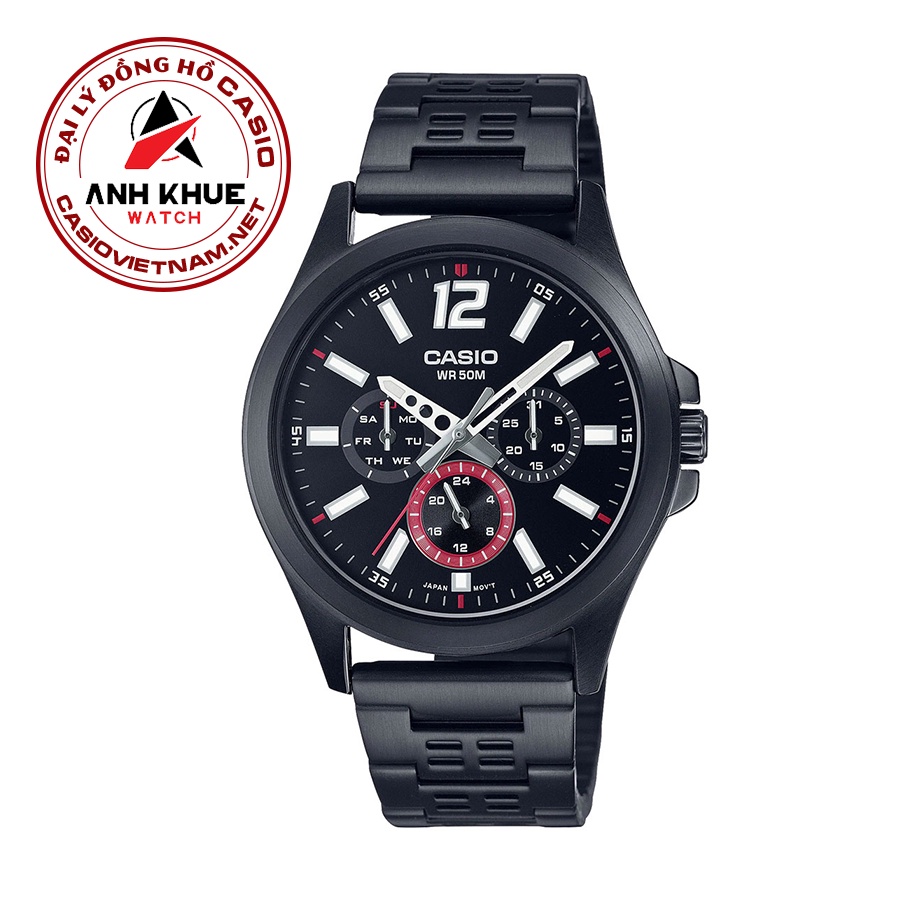 Đồng Hồ Casio MTP-E350B-1BVDF | Nam | Dây Kim Loại Mạ Ion Đen | 6 Kim | Chống Nước WR50M